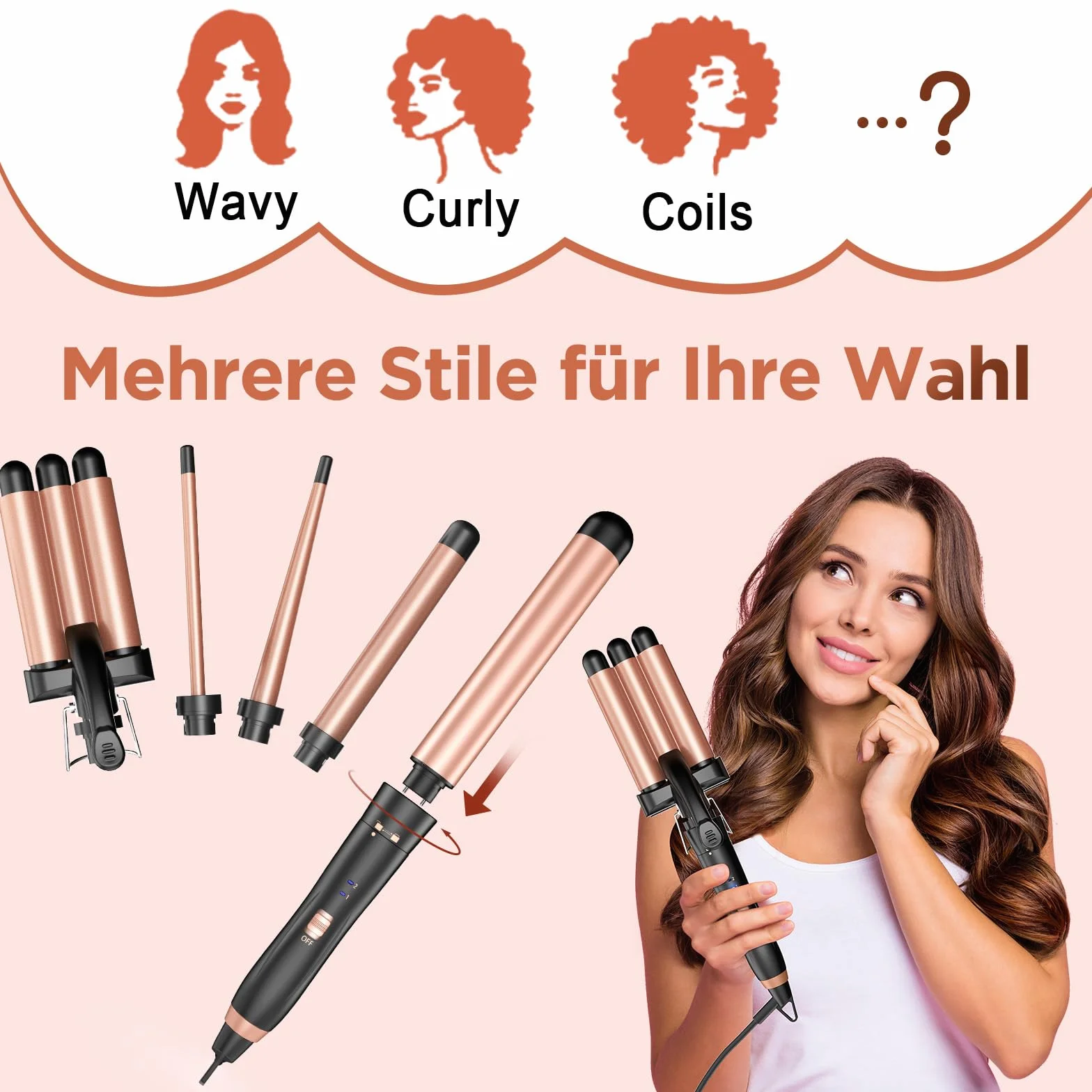 BESTOPE MIX Welleneisen Set 5 in 1, Lockenstab mit Verschiedenen Aufsätzen Einstellbare Temperatur Keramik Lockenstab Große Locken Schnellaufheizung lockenstäbe 3 Fässer für Lange/kurze Haare