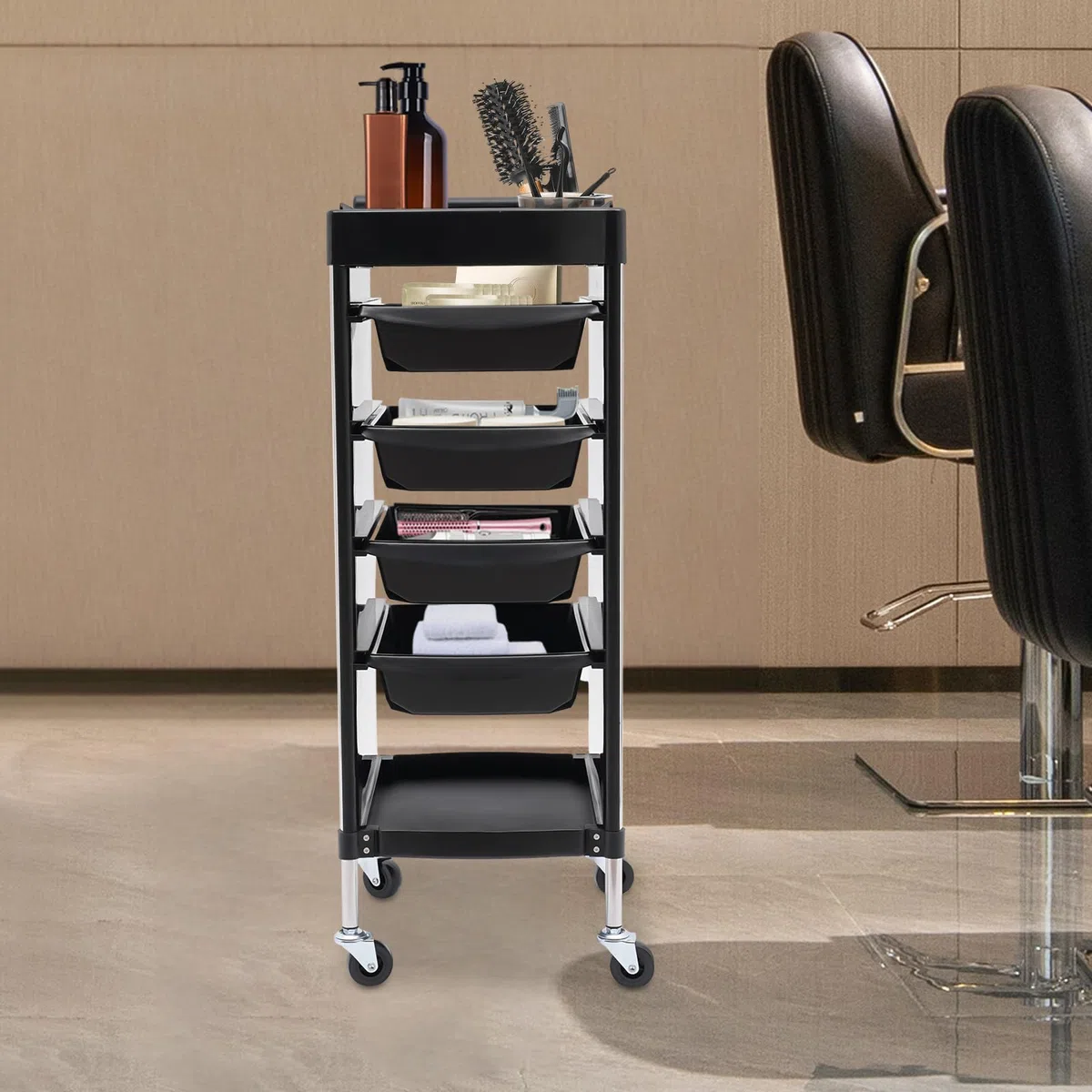 MINRS Friseurwagen mit 4 Schubladen und Rollen Arbeitswagen für Stylist Haarstyling SPA Schwarz