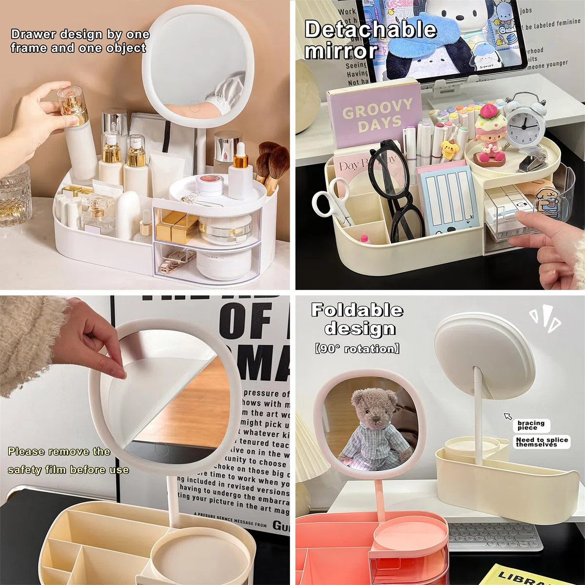 DASITON Make up Organizer mit Spiegel,Make up Pinselhalter mit 2 Schubladen,Multifunktionale Makeup Organizers Kosmetikaufbewahrung,Große Kosmetik Schminke Organizer für Schlafzimmer,Badezimmer(Grün)