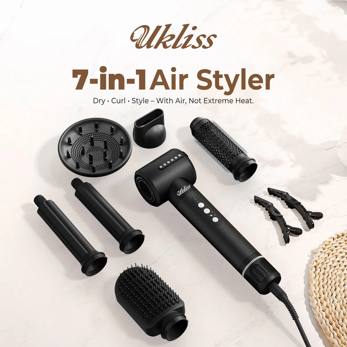 UKLISS Airstyler 7-in-1 Pro, Hair Dryer & Haarstyler mit Lockenstab Automatisch, Föhnbürste, Diffusor, Haarglätter, Rundbürste, Warmluftbürste, Haarstyling Geräte Set für Locken, Glätten, Föhnen