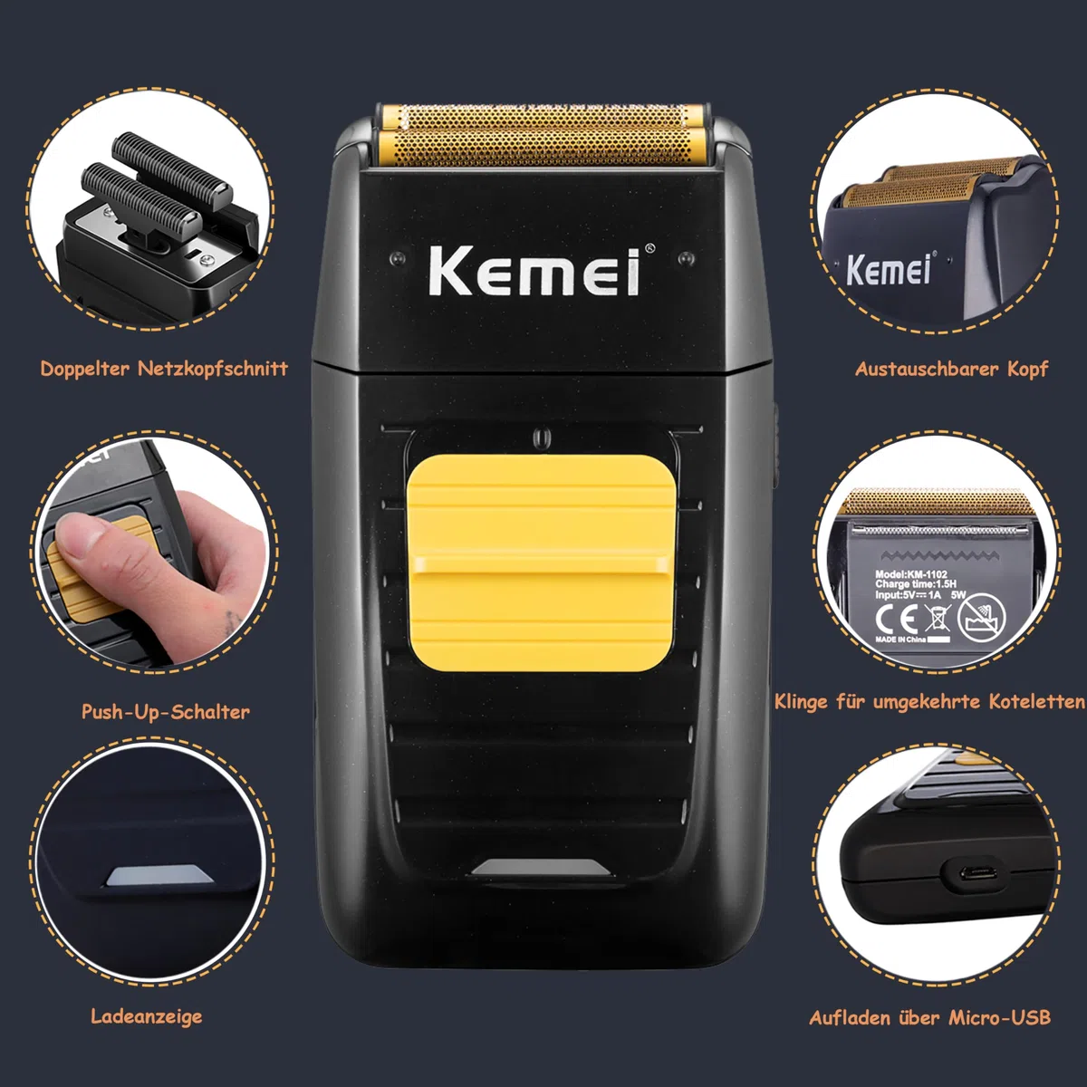 KEMEI Professionelle Haarschneidemaschine, Haar-/Bartschneider, Folienrasierer-Set für Männer, kabellose Haarschneidemaschine, elektrischer Rasierer mit Ersatzköpfen & Netzen, USB-Haarschneideset