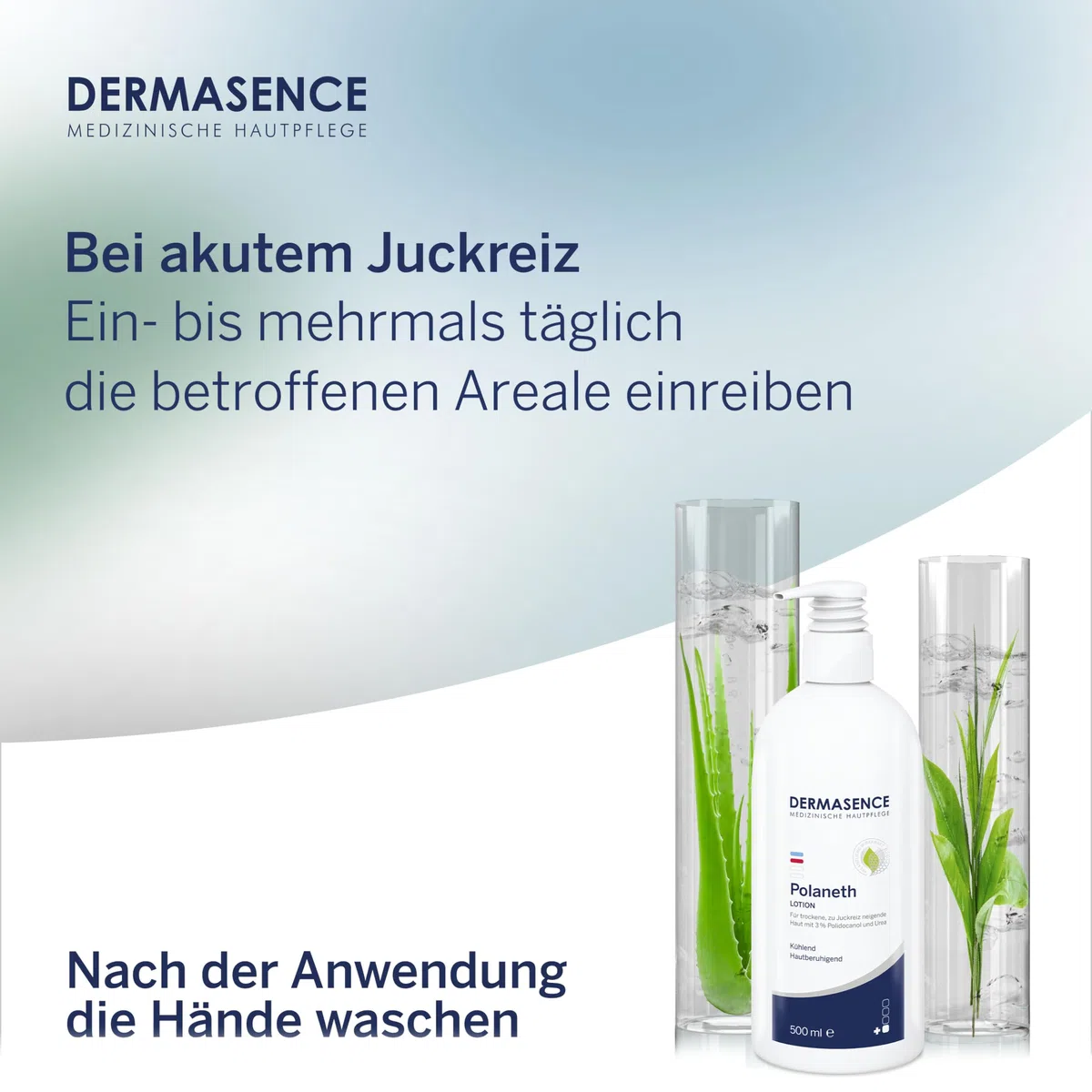 DERMASENCE Polaneth Lotion, 500 ml, Körperpflege gegen Juckreiz, beruhigt trockene Haut, zieht schnell ein, mit Urea, parfümfrei, ideal für Altershaut und Neurodermitis, vegan