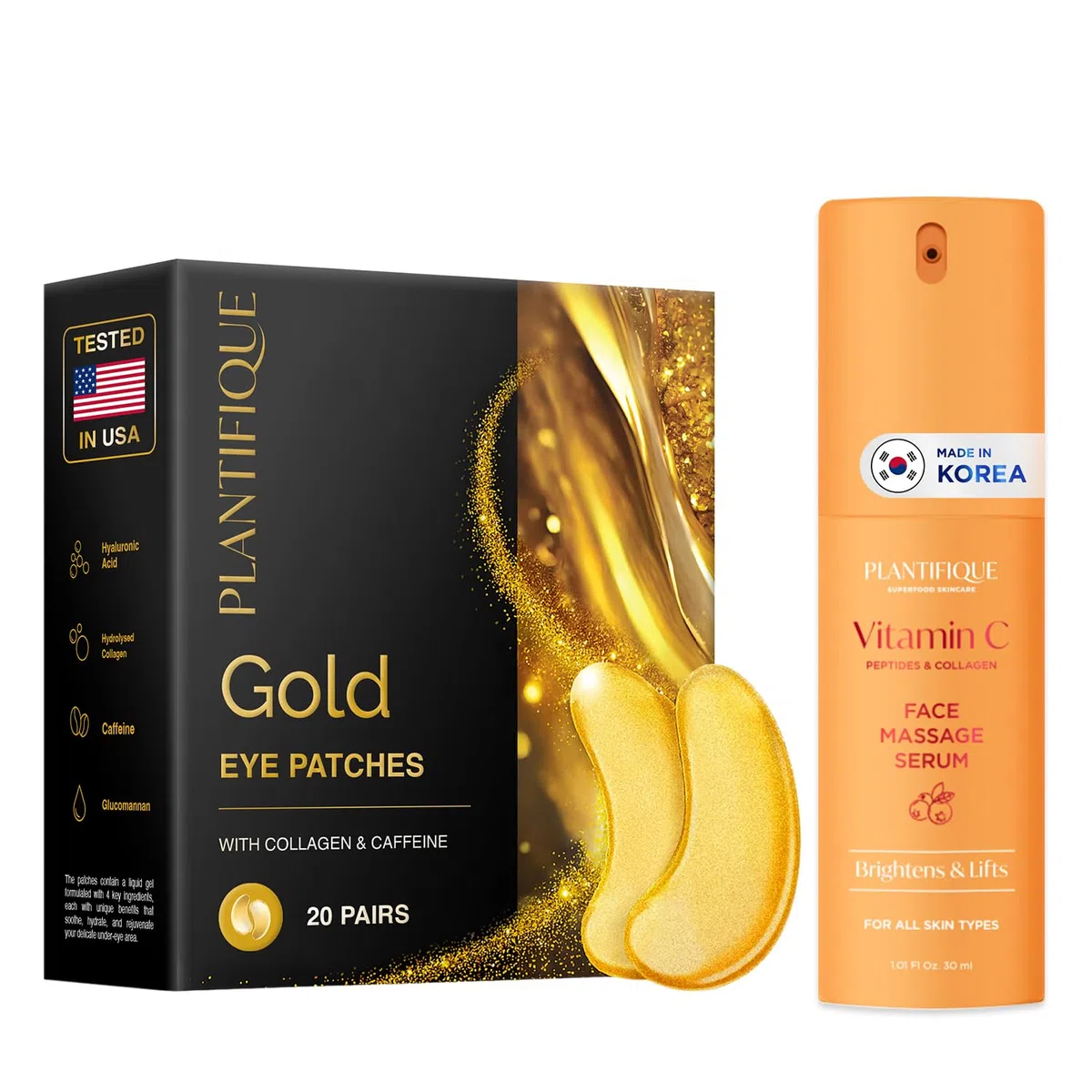 PLANTIFIQUE 20 Paar Augenpads Gegen Augenringe und Tränensäcke & Vitamin C Serum Gesicht Korean Skin Care Anti Aging Gua Sha Massage Face Serum, 30 ml