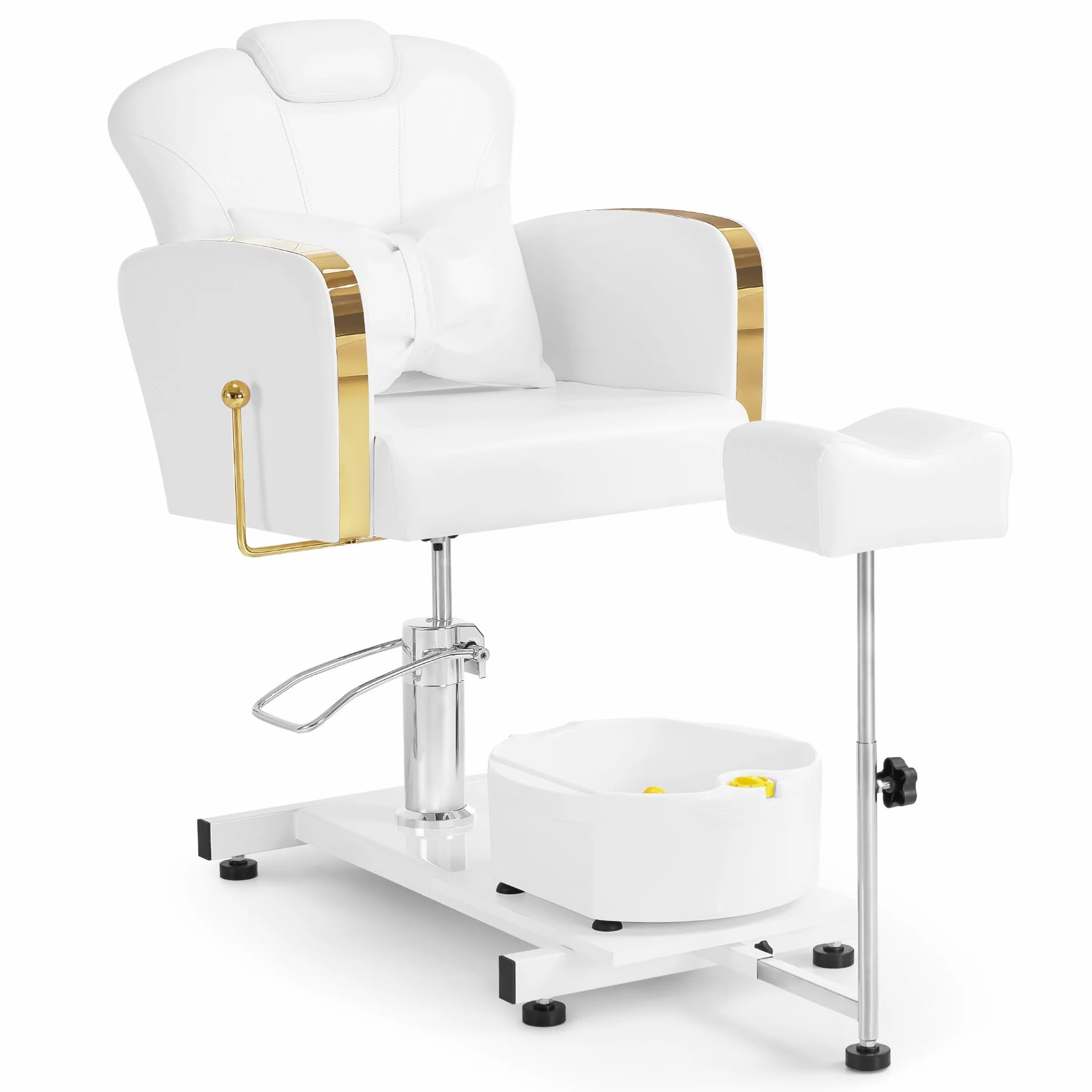 Barberpub Pediküre Stuhl mit Fußbadewanne & Hocker, Höhenverstellbar & Kippbar, Fußpflegestuhl für Nagelstudio Retro Gold-Weiß