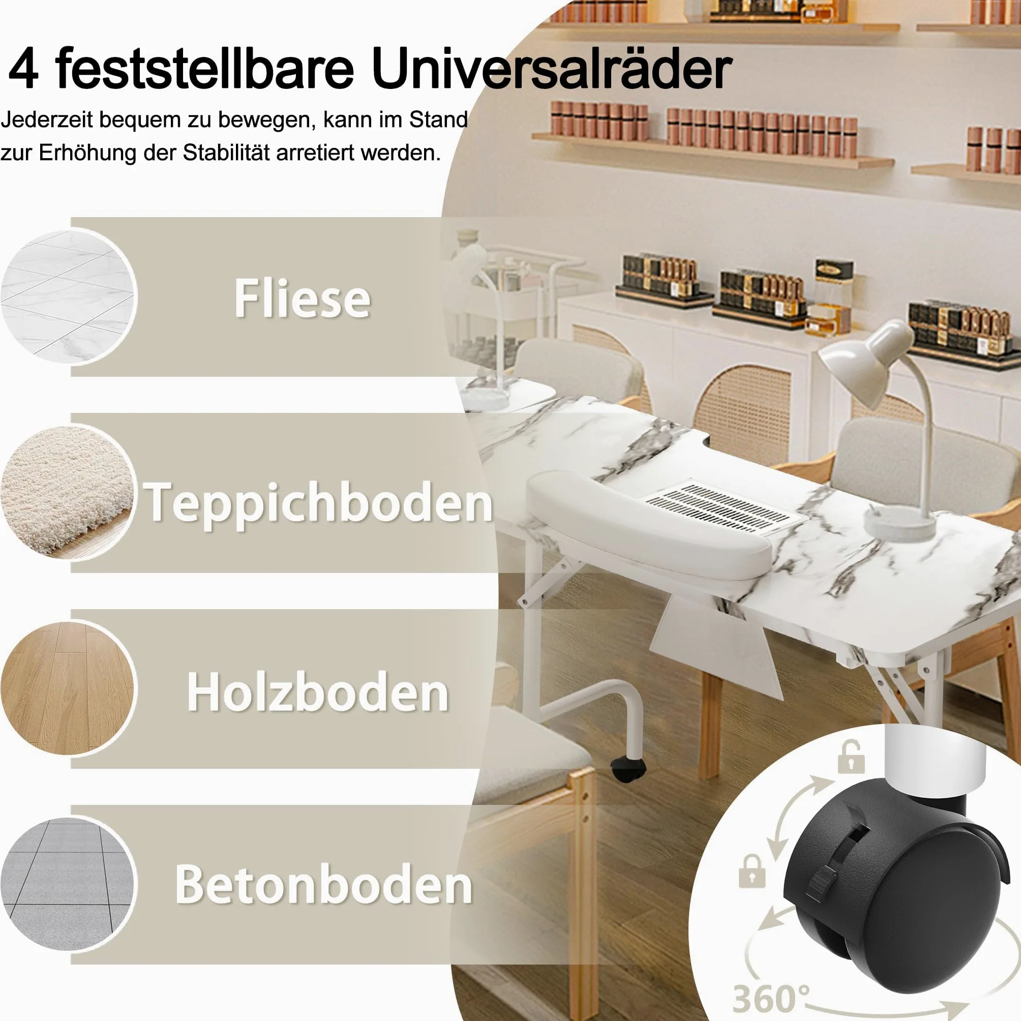 LARS360 Faltbarer Maniküretisch mit Absaugung, Nageltisch für Nagelstudio, beweglich mit Rollen, Weiß Maserung
