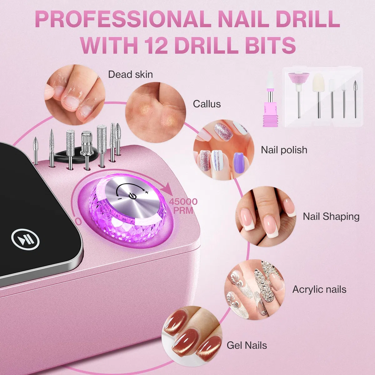 Elektrischer Nagelfeile Nagelfräser für Gelnägel, 45000 U/min Nagelfräser Professioneller mit LCD-Anzeige, Maniküre Pediküre Set mit Multifunktionale Basis und Touch-Button-Steuerung (Rosa)