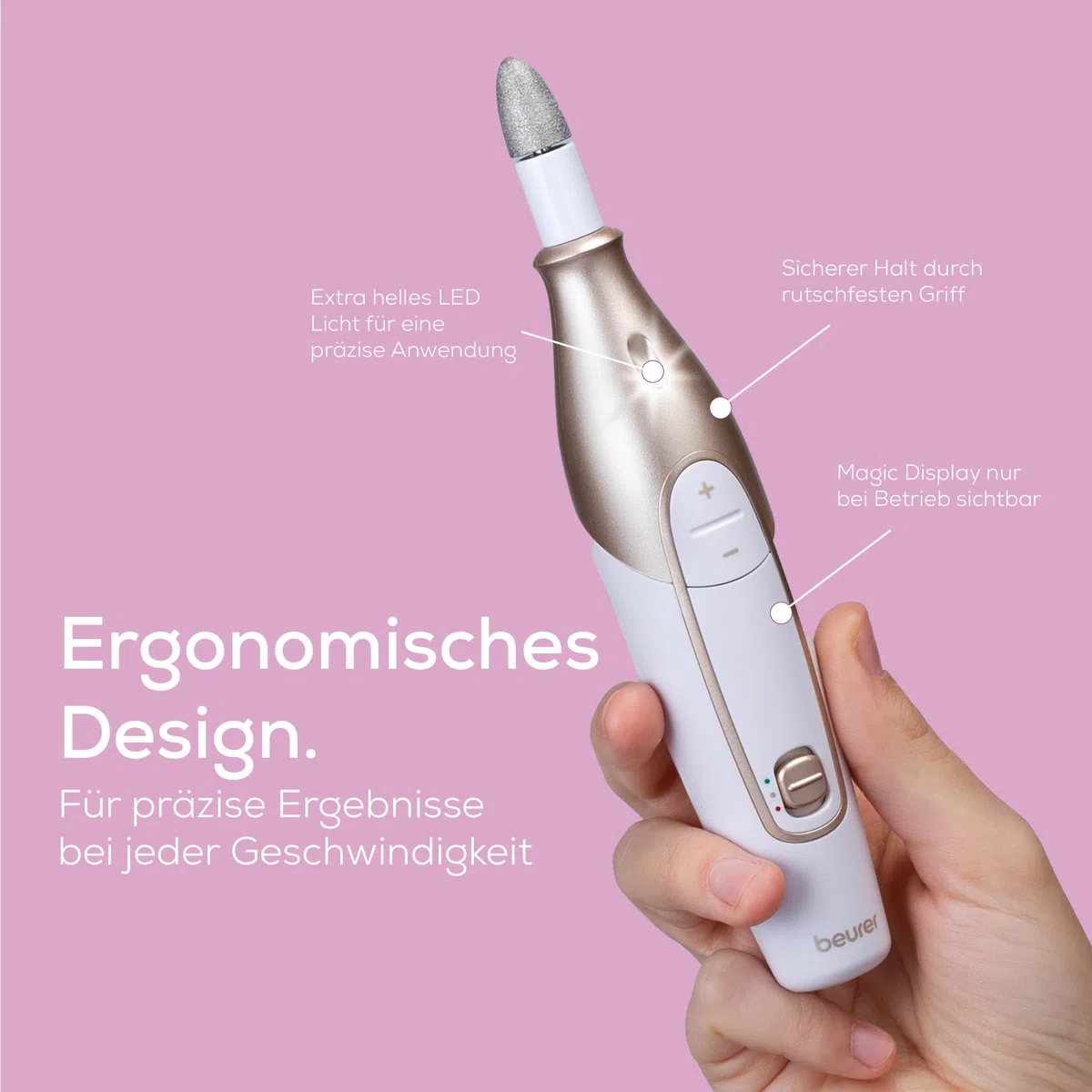 Beurer MP 64 Maniküre/Pediküreset, elektrisches Nagelpflegeset mit Akku, 10 Aufsätze zur Nagelpflege für schöne Hände und Füße, mit LED Licht, Einheitsgröße, White and gold