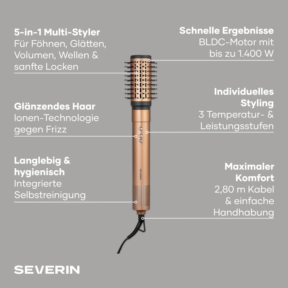 Severin 5-in-1-Airstyler, Volumisieren, Locken und Glätten, 5 Aufsätze, Multi-Haarstyler, Hairstyler-Set, Ionen-Föhn, Trockner, Beach-Wave, S-Style Multi-Styler Pro copper, kupfer/schwarz, WL 0685