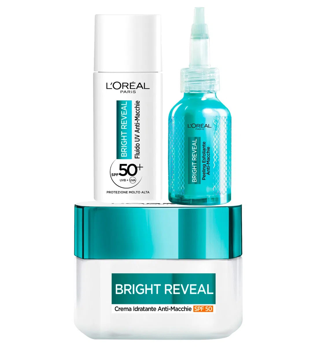 L'Oréal Paris Bright Reveal Anti-Flecken-Kit mit Feuchtigkeitscreme SPF50 50 ml + UV-Flüssigkeit SPF50 50 ml + Peeling 25 ml – 3er-Set