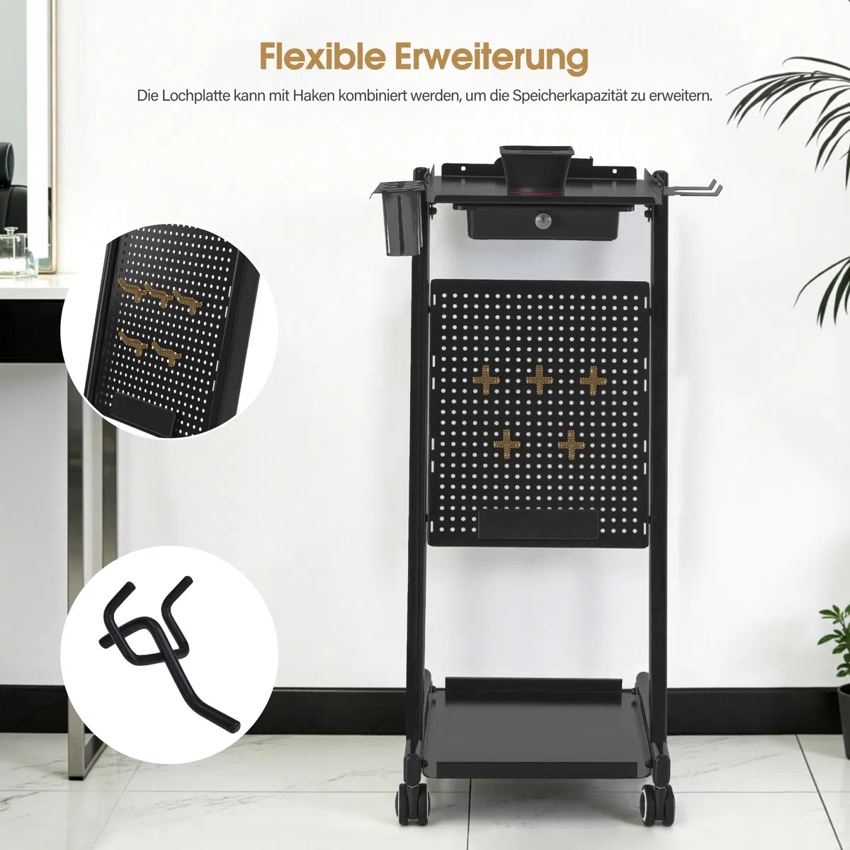 BarberPub Friseurwagen mit Schublade & 2 Ablagen, Friseur Arbeitswagen, Beauty Salon Trolley Metall, Rollwagen 47x39x94cm Schwarz