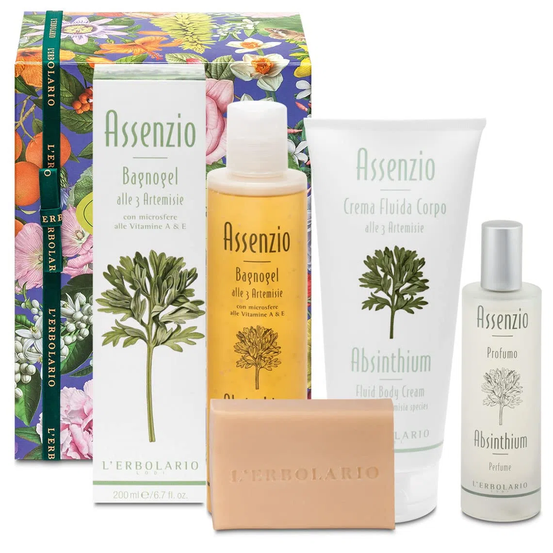 L'Erbolario - Assenzio Geschenkbox in Originalverpackung (Schaumbad 200 ml, Körpercreme 200 ml, Duft 50 ml, Seife 100 g)