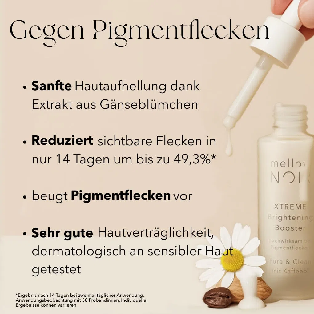 mellow NOIR XTREME Brightening Booster 30ml - Anti Pigmentflecken Serum - Reduziert dunkle Flecken, Altersflecken & Pickelmale im Gesicht und auf der Haut - Vegan - Zertifizierte Naturkosmetik