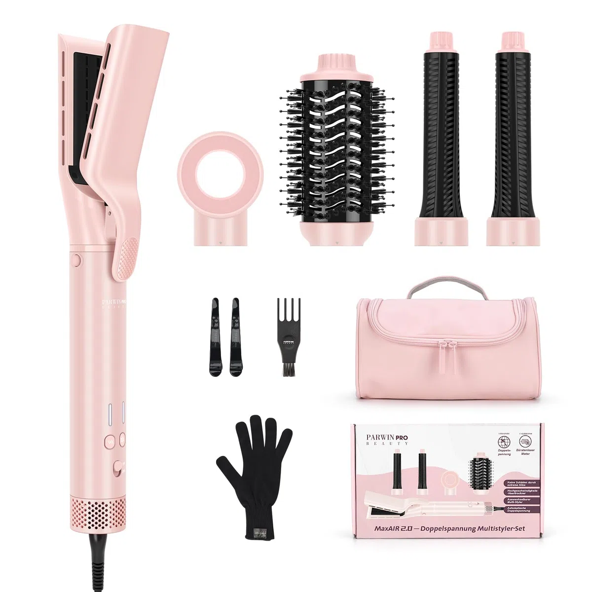 5 in 1 Airstyler, Airstraight＆ Auto-Wrap Lockenaufsätzen, PARWIN PRO BEAUTY MaxAIR 2.0 Multi Hairstyler, 110.000 RPM Föhn, Automatische Doppelspannung, zum Trocknen, Locken, Stylen, 1200W - Rosa