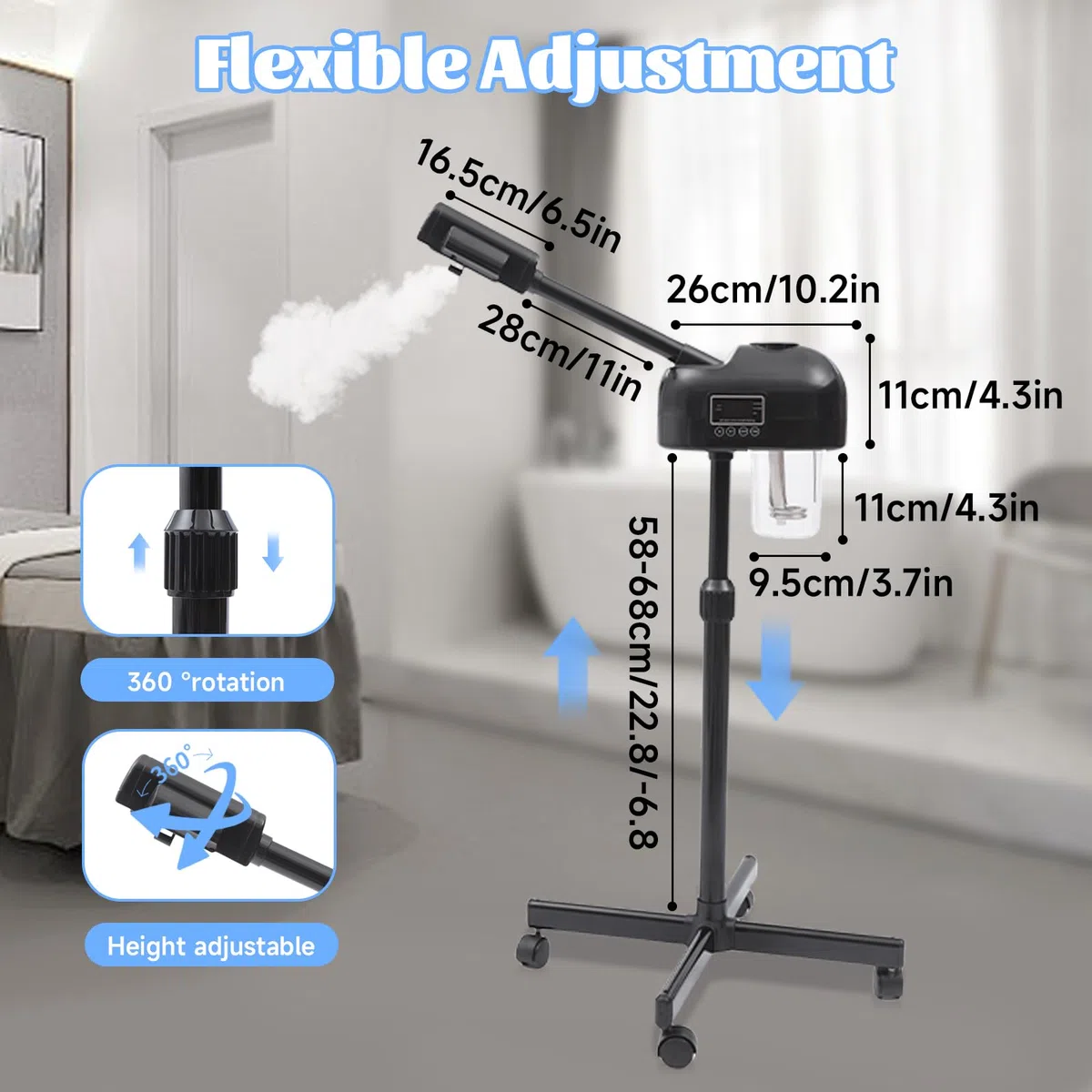 Tragbarer Vapozon, ästhetisch, professionell, höhenverstellbar, Gesichtsdampf, mit LCD-Display und Rollen, geeignet für Schönheitssalons, zu Hause (schwarz)