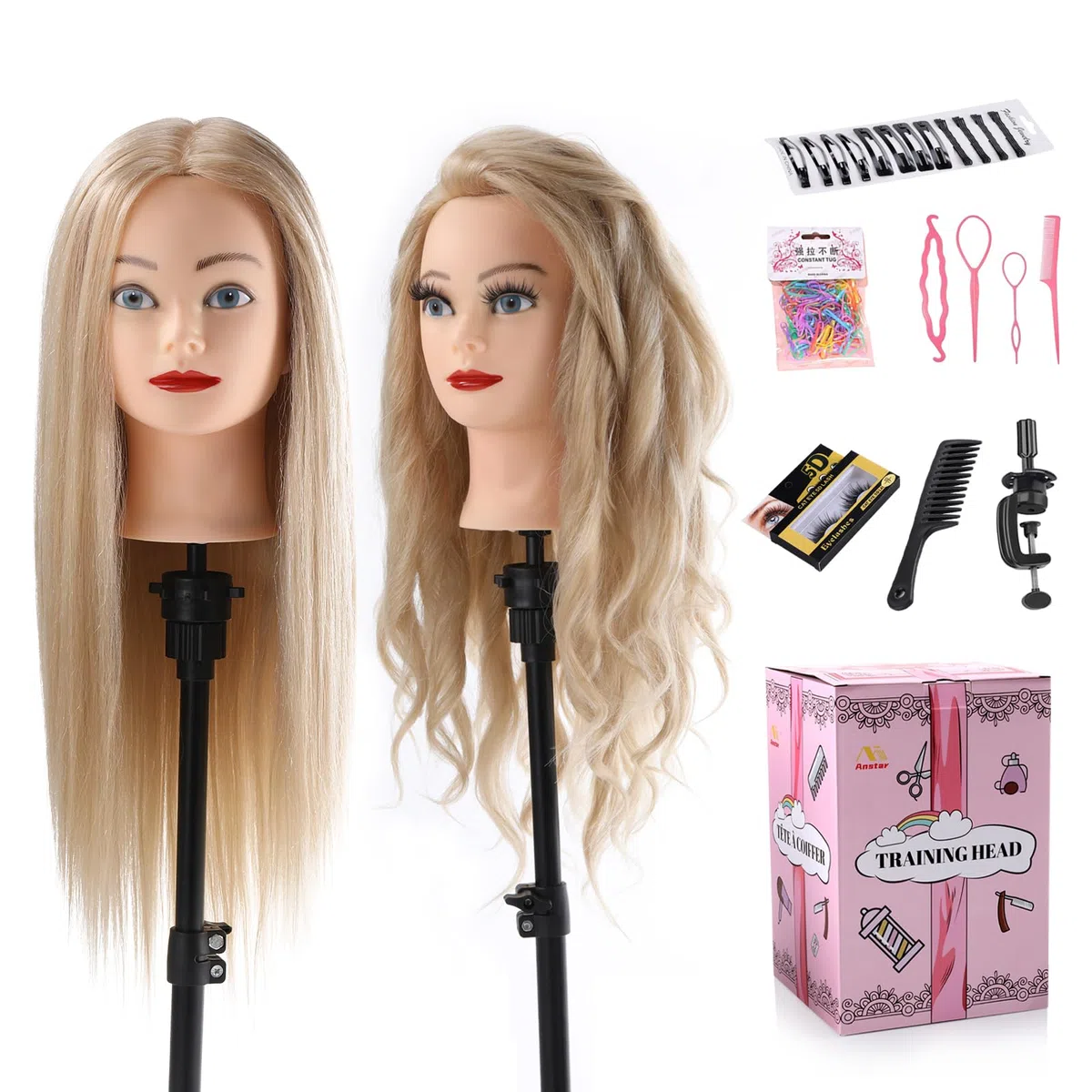 Frisierkopf 70% Echthaar Übungskopf 24 Zoll Friseure Ausbildung Kopf mit Halter DIY Haare Set