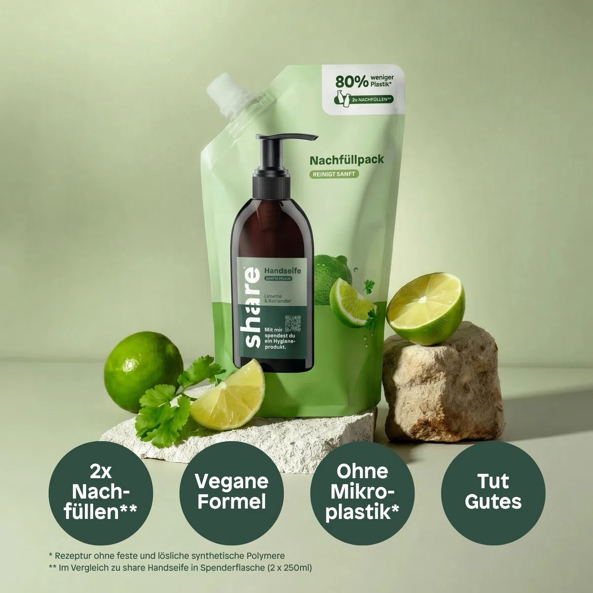 share Flüssigseife Nachfüllpack Limette & Koriander (6x500ml) | Sanfte Reinigung, Vegan, pH-hautneutrale flüssige Seife mit ätherischen Ölen – Jeder Handseife Nachfüllbeutel spendet