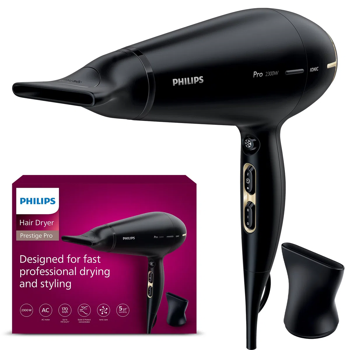 Philips Haartrockner Prestige Pro, Haartrockner für professionelles Trocknen und Styling, mit 2 Stylingdüsen, 2.300 W, Modell HPS920/00