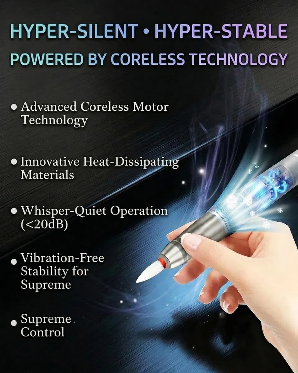 Kabellose Elektrische Nagelfräser mit Coreless Motor 40000 U/min | Coreless Motor, 40000 U/min, bis zu 20+h Akku, Kabellose, LCD-Touch-Display, Aluminiumlegierung