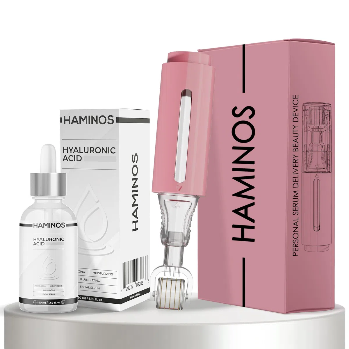 HAMINOS Derma Roller 0,25 mm mit Hyaluronsäure Serum, Microneedle Roller mit Reservoir, Lippenpflege Applikator