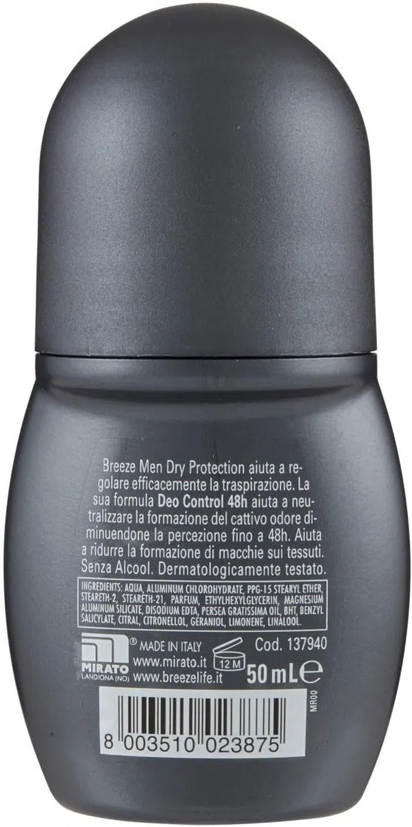 8x Breeze MEN Dry Protection Deodorante Roll-On Hilft, die Schweißbildung 48 Stunden lang wirksam zu regulieren- Deodorant 50ml + Beni Culinari Kostenloser Schlüsselanhänger