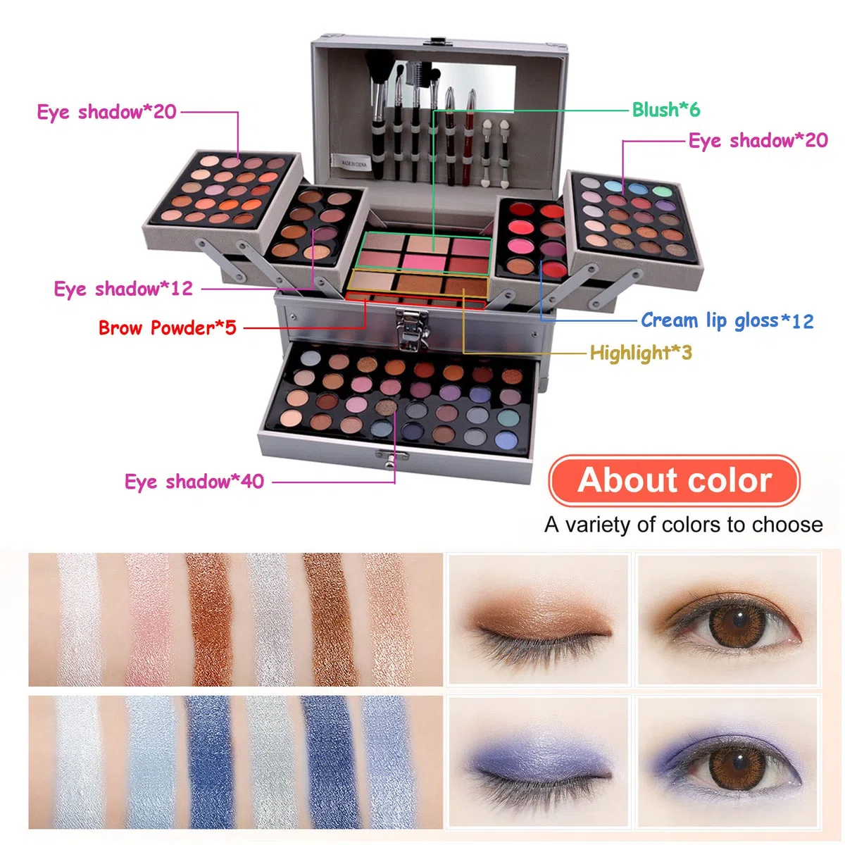 Make-up-Koffer Set, 118 Farben, Profi-Palette für Damen, Lidschatten, Lipgloss - Geschenk zum Geburtstag, Weihnachten