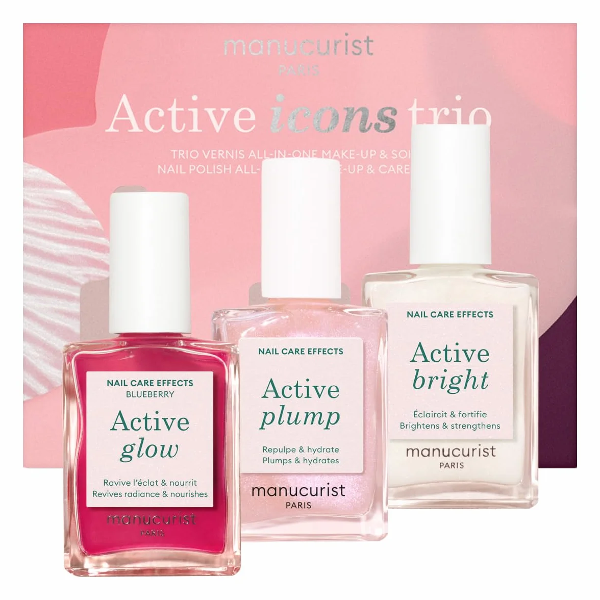 Manucurist Active Icons Trio Nagellack – Active Glow Blueberry, Active Shine, Active Plump Nagellacke – Nagelhärter – Aufhellender Behandlungslack & Pflege – Made in France
