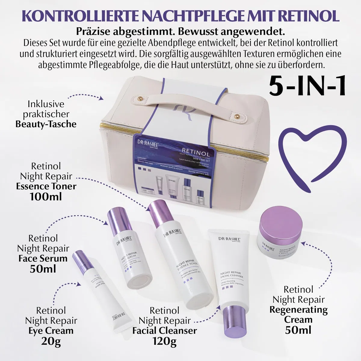 Gesichtspflege Set mit Retinol 5-teilig - Night Repair Routine - Anti-Aging Gesicht Serum, Augencreme, Gesichtscreme, Gesichtsreinigung & Toner für straffe Haut & Faltenreduzierung - Geschenkset Damen