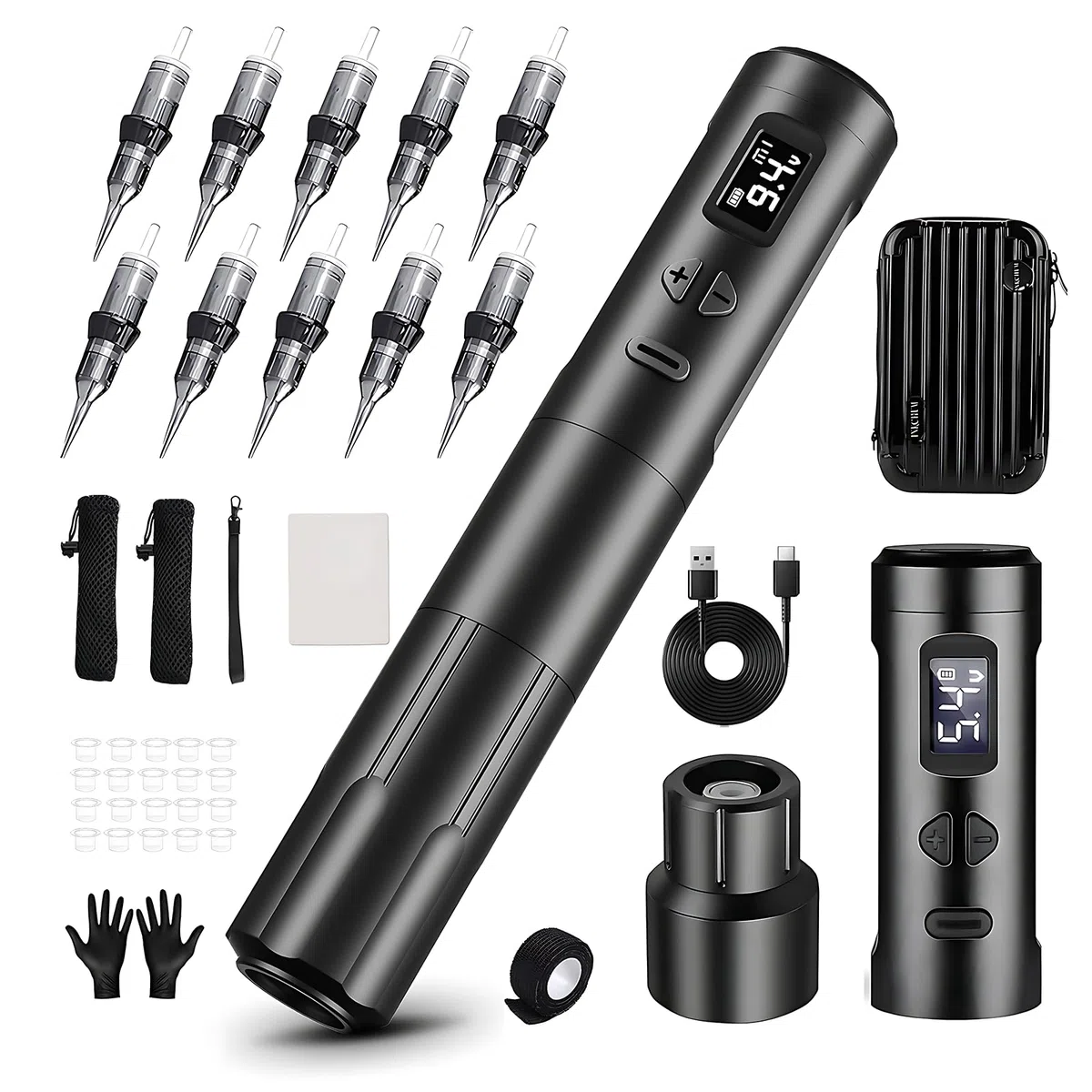 Permanent Makeup Maschine kabellose, 3mm Stroke Length Microblading Pen mit 2 Stück Batterien, 10 Stück Patronen Nadeln, 1000 mAh Akku Coreless Motor, Profis Rotary Tattoo Gun mit OLED Display,Schwarz