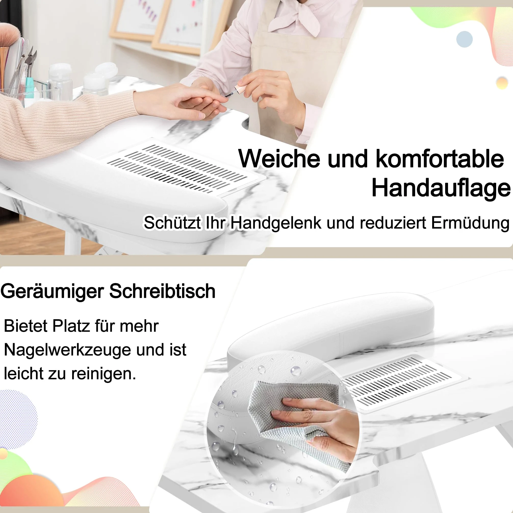 LARS360 Faltbarer Maniküretisch mit Absaugung, Nageltisch für Nagelstudio, beweglich mit Rollen, Weiß Maserung