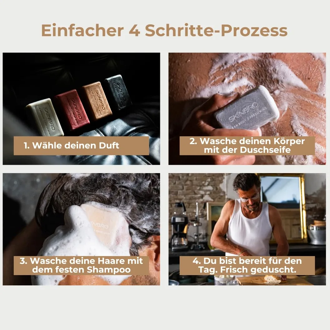 SKINBRO 4er Set Festes Duschgel Männer: 2x New York Flair & 2x Monte Carlo Charm – Vegane Duschseife für Körper & Bart – Nachhaltig & Made in Germany