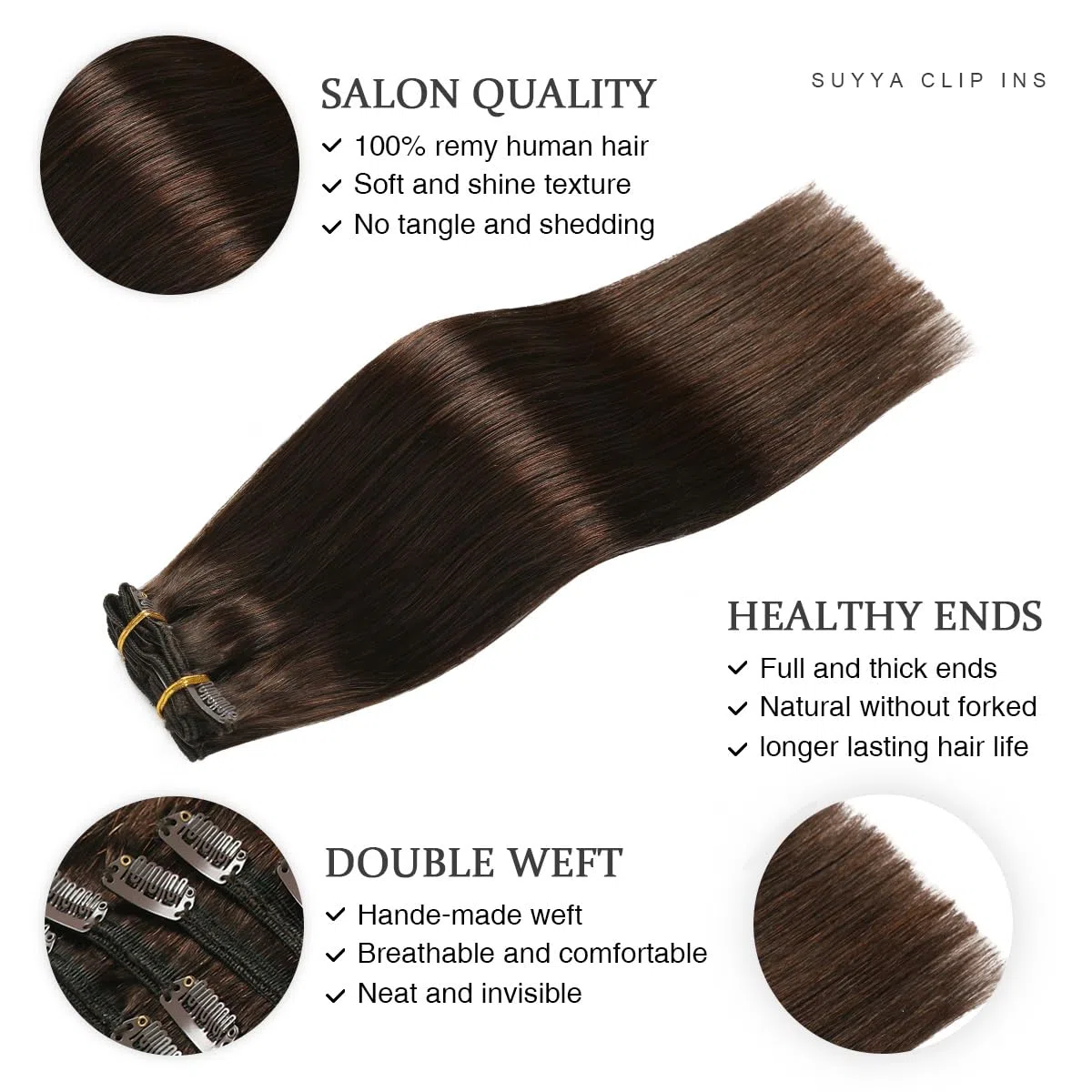 SUYYA Clip in Extensions Echthaar, Salon Remy Menschenhaar Extensions Echthaar Gerade Glatt Chthaar Extensions Clip Doppelt Genäht 14 Zoll 35cm 7 Stück 70G #2 Dunkel Braun