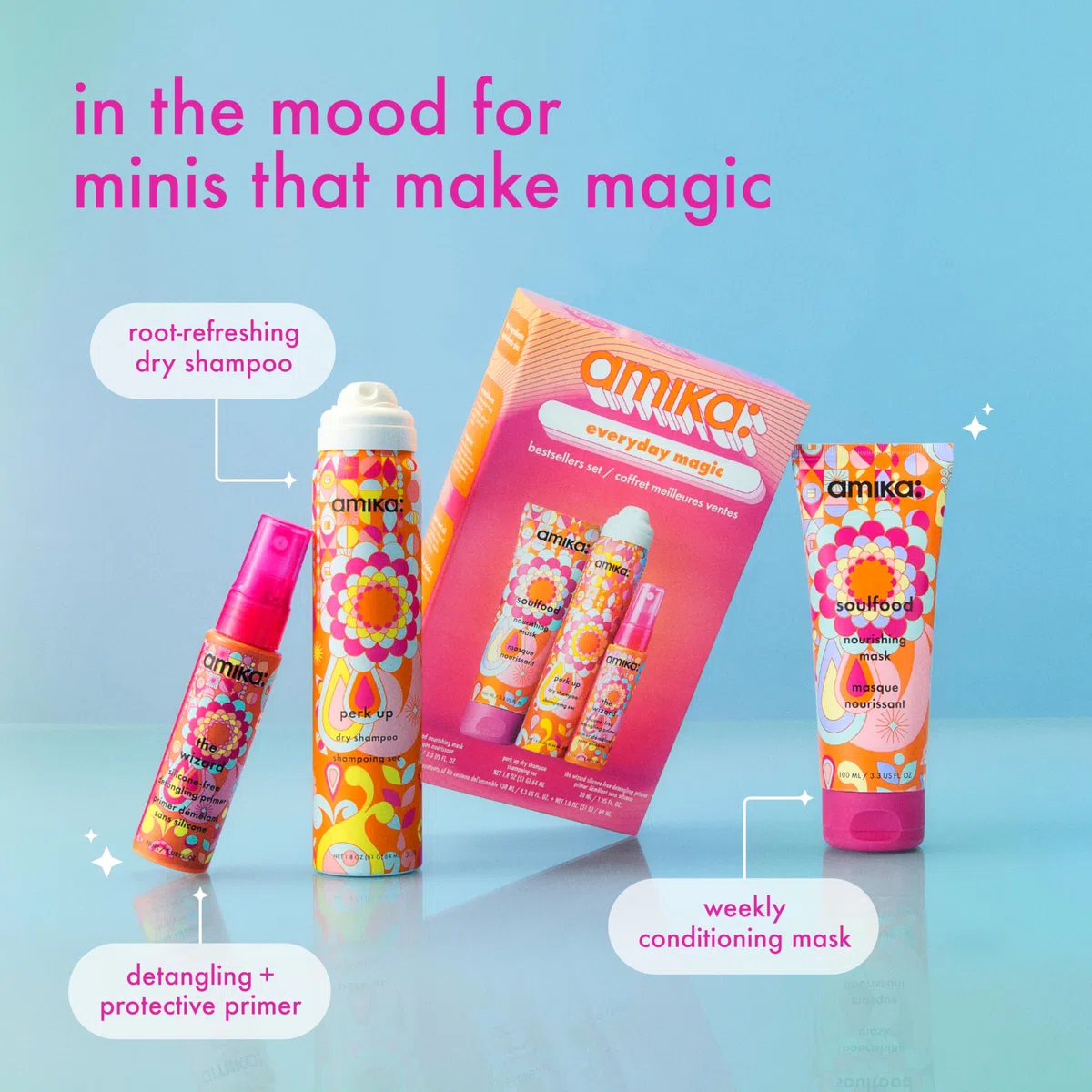 amika Everyday Magic Bestsellers Set - Enthält Reisegröße soulfood pflegende Haarmaske, perk up talkfreies Trockenshampoo Spray + die Wizard silikonfreie Entwirrungsgrundierung (3 Stück)