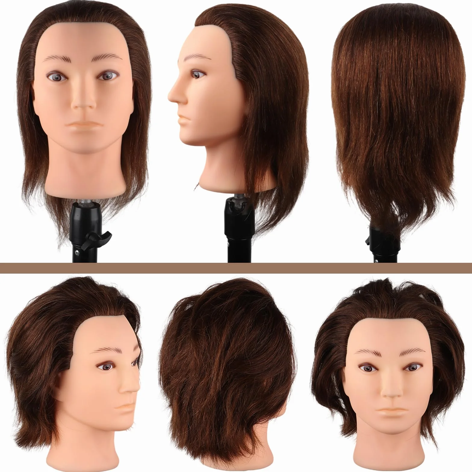 Mann Frisierkopf 100% Echthaar, Frisurenkopf Männlicher Haarschnitt Übungskopf mit Braun Haar, Friseur Kopf Mannequin Head Puppenkopf mit Tischklemme (35 cm)