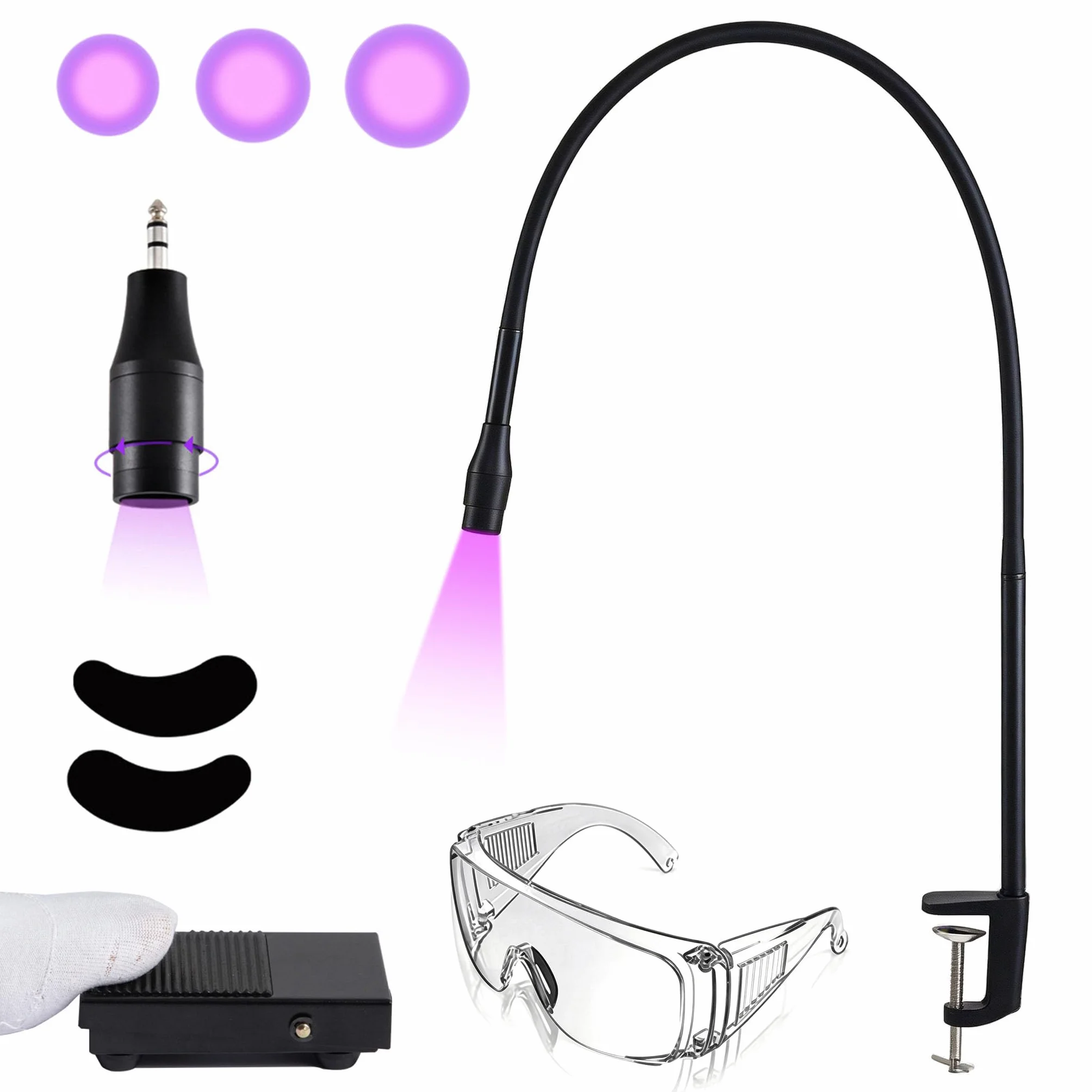 Wimpern Lampe, 10W UV-Wimpernlampe UV-Licht für Lichthärtenden Wimpernlicht für Wimpernverlängerungen Fußschalter Einstellbare Punktgröße Schwanenhals 1-3 Sekunden mit Wimpernaufkleber Schutzbrille