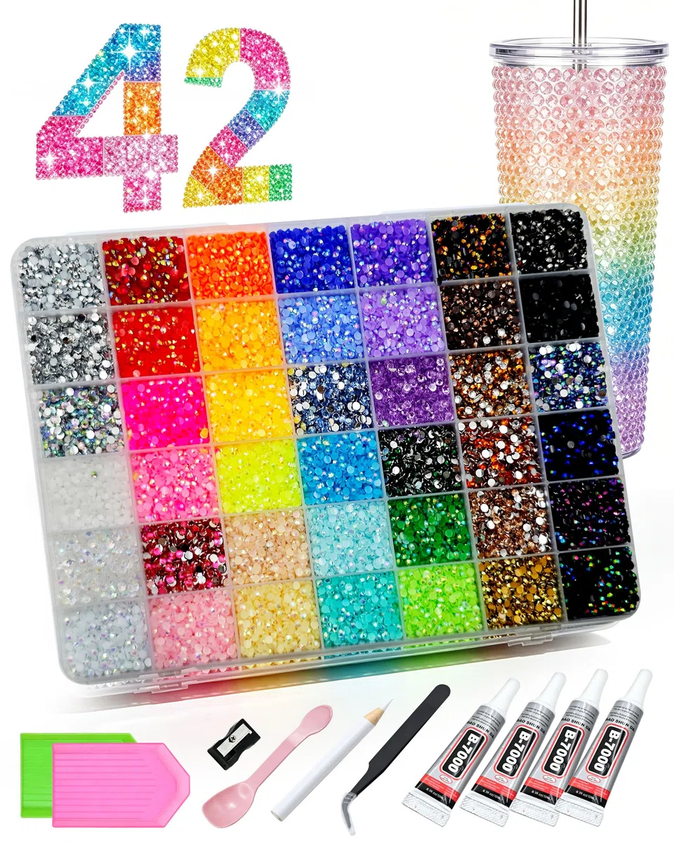 42 Farben Glitzersteine, 39000 Stück Strasssteine Bedazzler Kit, Flatback Rhinestones für DIY Bedazzling Nägel Textilien, 4 Klebepatronen, Löffel, Portionierteller Usw, Geschenke für Mädchen