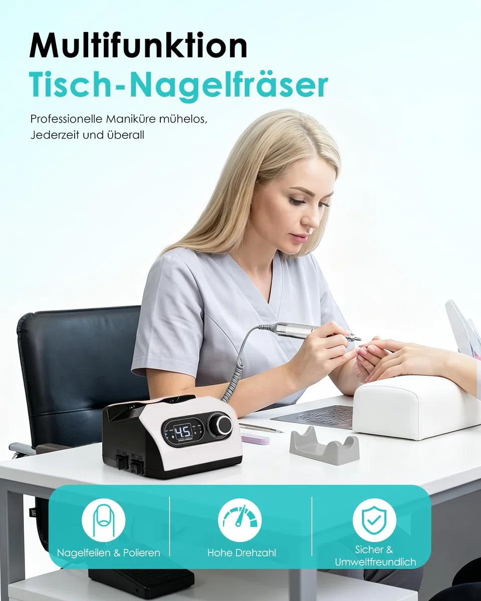 CozyZen Elektrische Nagelfeile, Profi Nagelfräse 35.000 U/min mit LED | Mit Fußpedal, 6 Aufsätzen und stufenloser Drehzahlregelung – Für Acryl-, Gelnägel sowie Maniküre und Pediküre