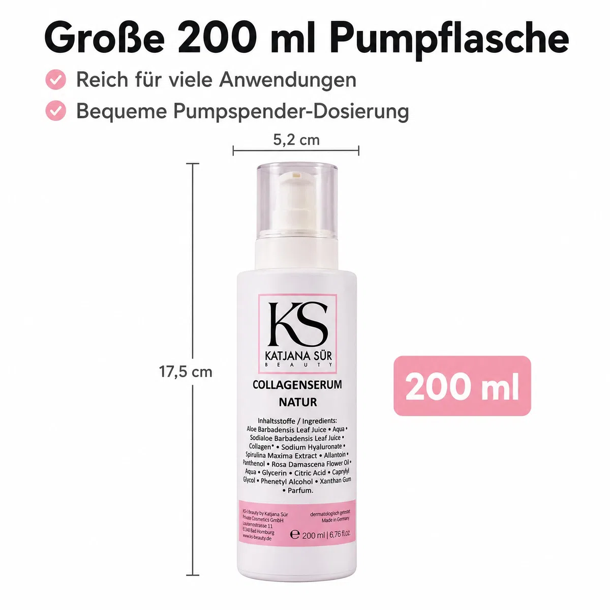 KS Beauty Collagen Serum Natur, Hyaluron & Aloe Vera, 200 ml | Feuchtigkeitsserum für Gesicht mit Rosenöl, Spirulina & Panthenol – dermatologisch getestet, Made in Germany