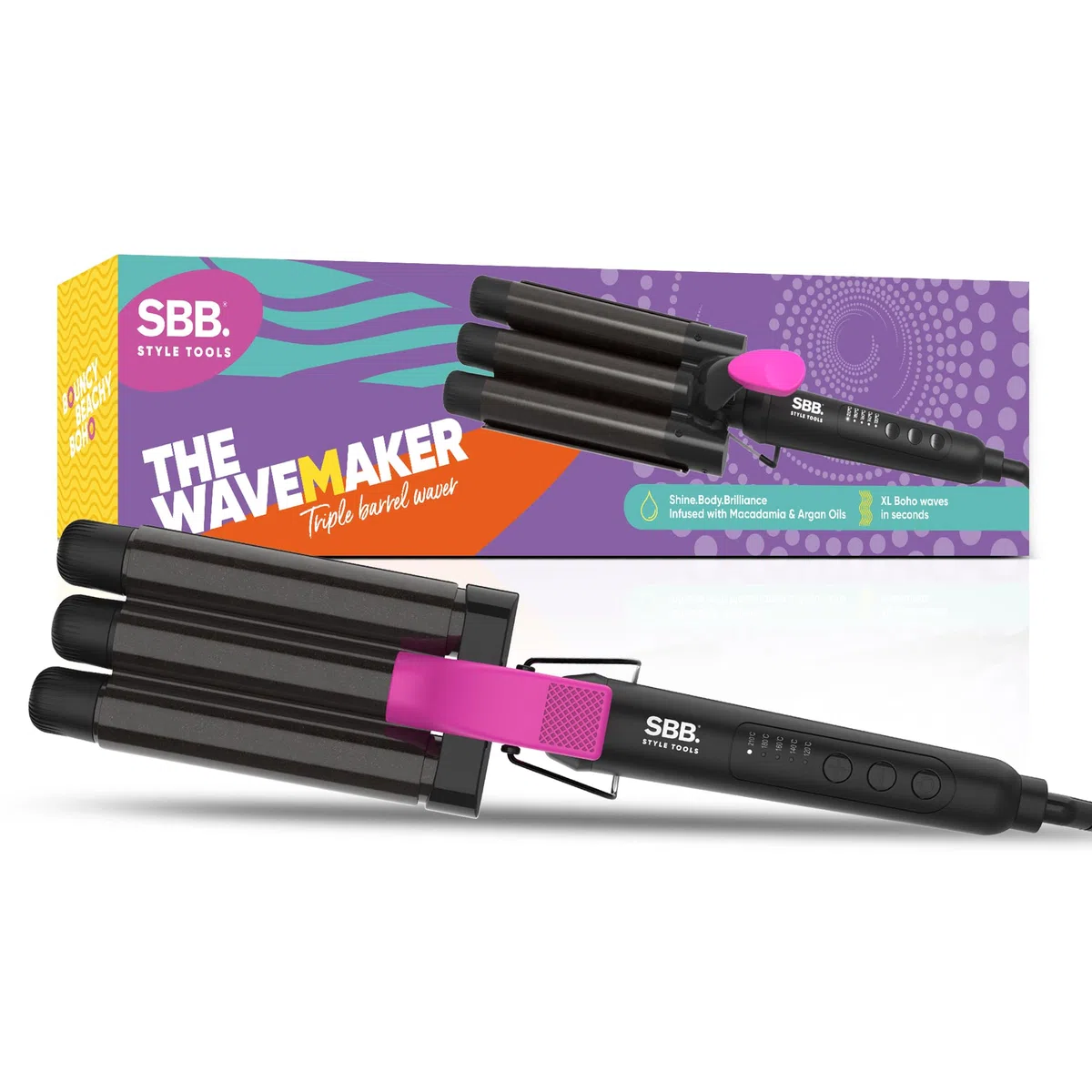 SBB Wavemaker Triple Barrel Haarwaver – Keramik Beach-Waver, Lockenstab, Styler für tiefe Mermaid Beach-Waves für kurze, mittellange und lange Haartypen, Leichtgewichtig mit hitzebeständigem Handschuh