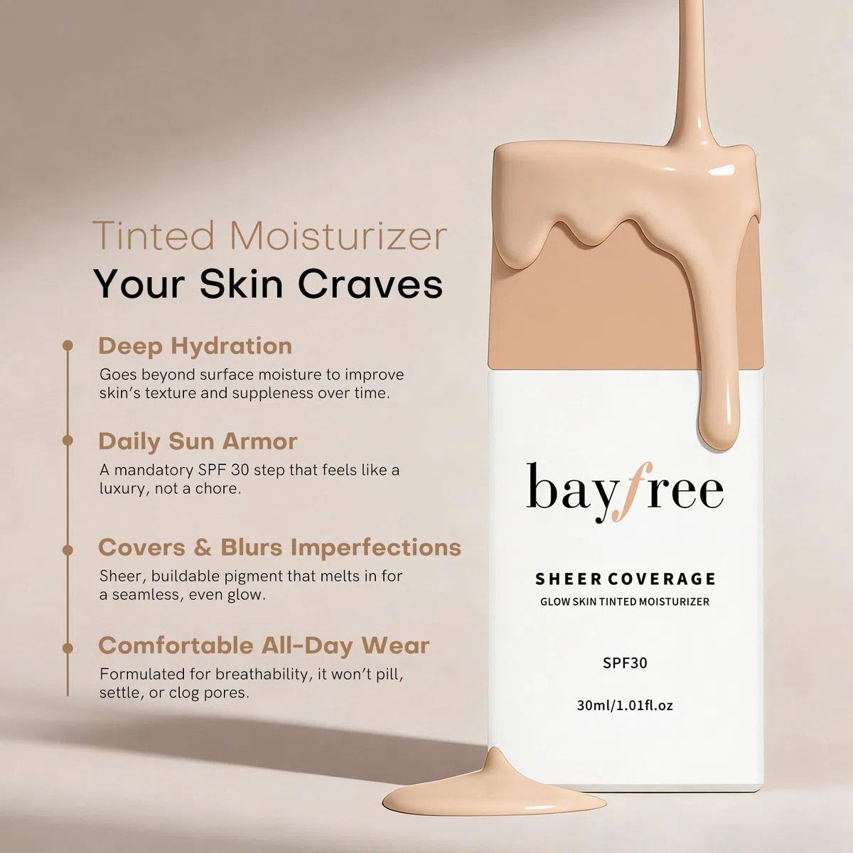 bayfree Glow Skin Tinted Moisturizer | Leichte Transparente Textur, Langanhaltend Hydratisierend, Gewichtslos, Make-up- und Hautpflegevorteile