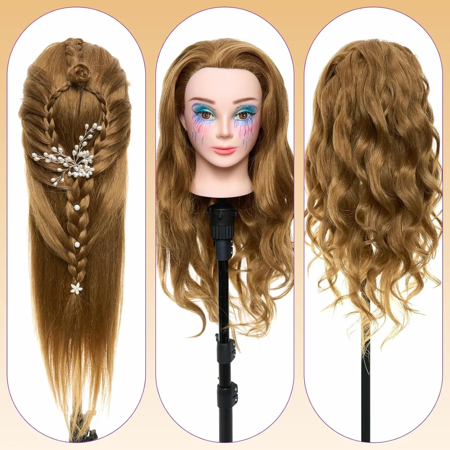 Neverland 24 Zoll Schminkkopf Frisierkopf mit Ständer 80% Echthaar Übungskopf Trainingsköpfe Friseurkopf mit Halter + Hair Styling Braid Set