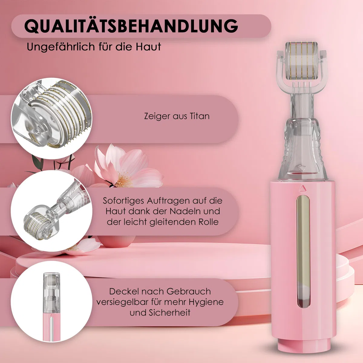 HAMINOS Derma roller 0,25 mm mit Tank für Lippen, Haut, Haare, Falten, Dehnungsstreifen, Hyperpigmentierung SOFORTIGE SERUMANWENDUNG, 105 Titannadeln