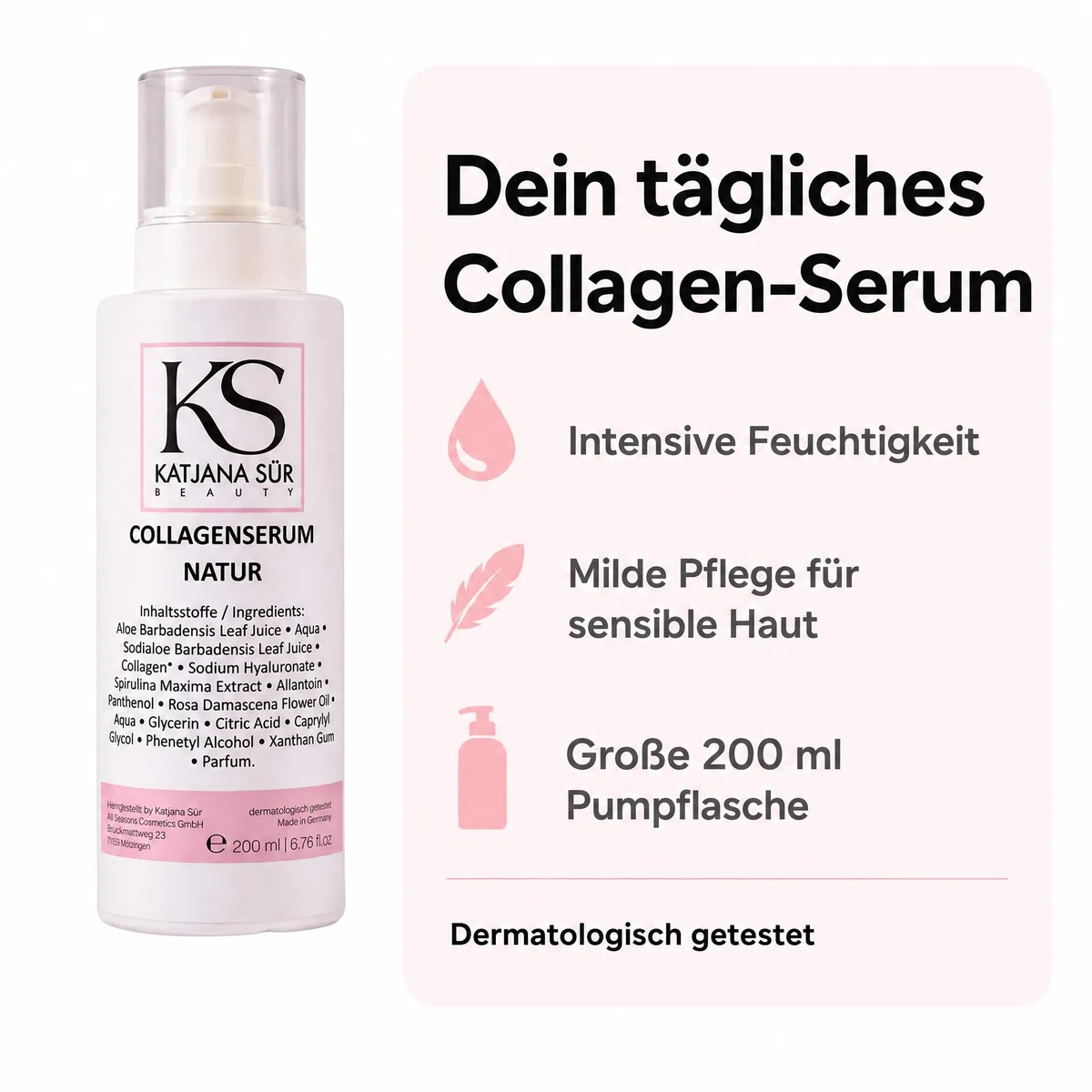 KS Beauty Collagen Serum Natur, Hyaluron & Aloe Vera, 200 ml | Feuchtigkeitsserum für Gesicht mit Rosenöl, Spirulina & Panthenol – dermatologisch getestet, Made in Germany
