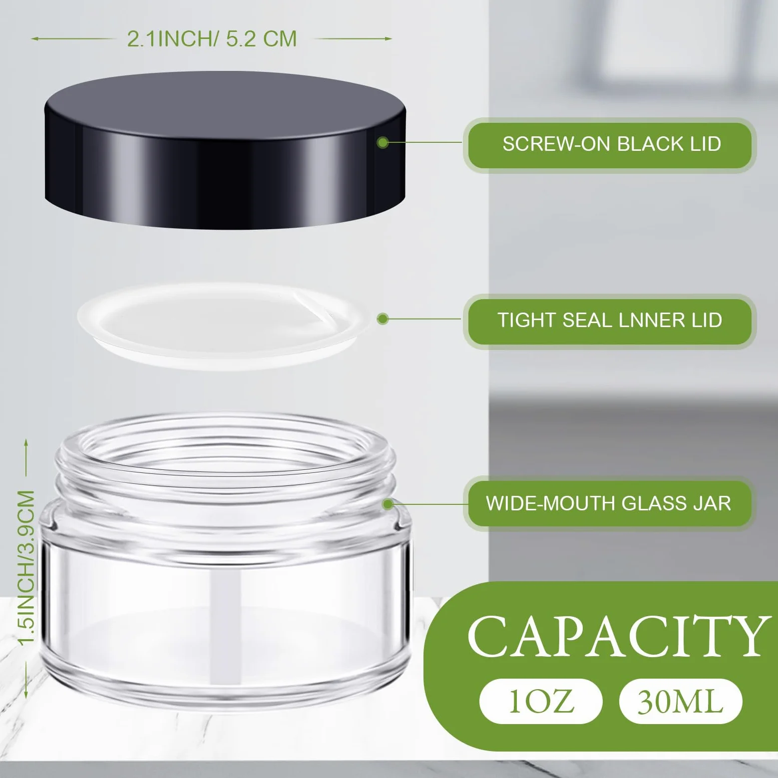 Domensi Glasdosen mit Deckel, rund, Kosmetikgläser, 28 ml, kleine Reisebehälter mit Innenauskleidung für Lotionen, Pulver, Salben, Proben, Creme, 100 Stück (transparent, schwarz)