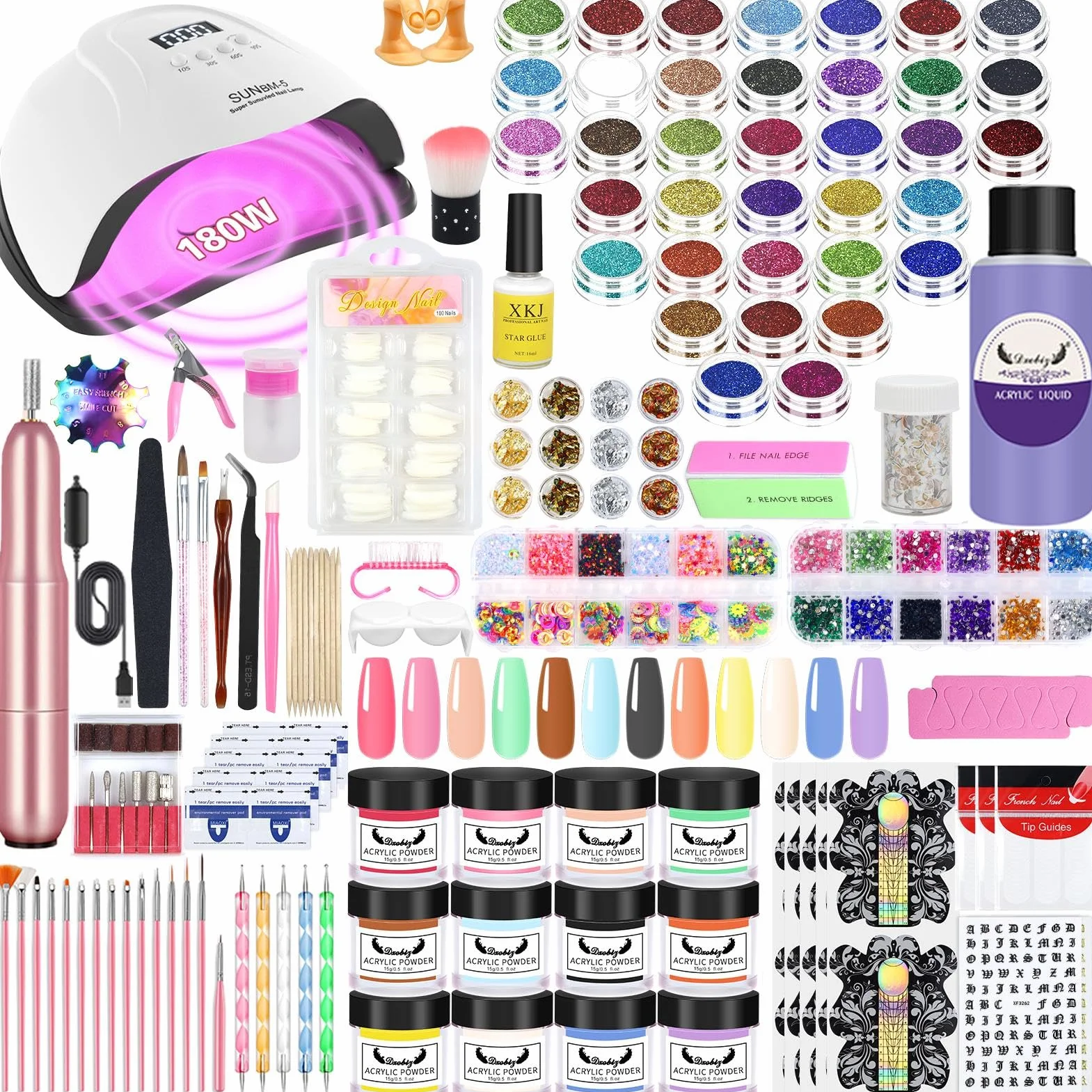 Milai Acryl Nagelset,Acrylic Nail Set mit 180W UV Nail Lamp&Nagelfräser,60ML Flüssigkeit,Acryl Pulver Nails Set-12 Colours powder,Nagelbürsten Nageldesign Nail Art für DIY Nail Art Dekoration