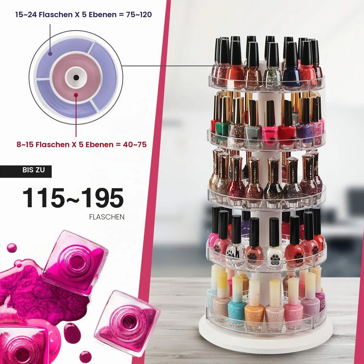 J JACKCUBE DESIGN Drehbarer Acryl-Nagellackständer, drehbares Regal für 115–195 Flaschen, 5-stöckiger Nagellack-Organizer