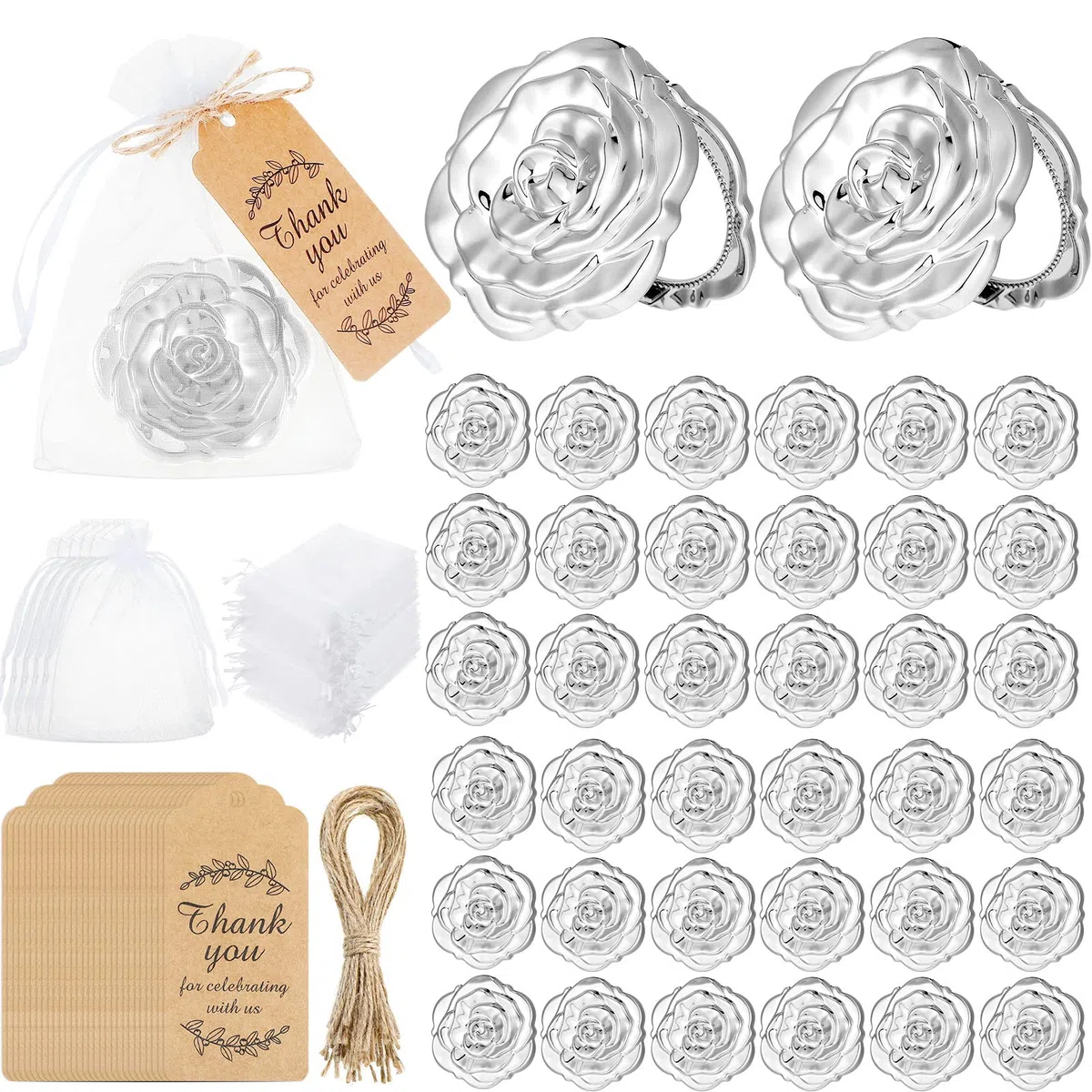 Woanger Quinceanera Taschenspiegel-Set, 36 Stück, süß, 16 Gastgeschenke, Spiegel, Dankeschön-Etiketten, weißer Organza-Beutel für Brautparty, Hochzeit, Junggesellinnenabschied, Souvenir, Gastgeschenk