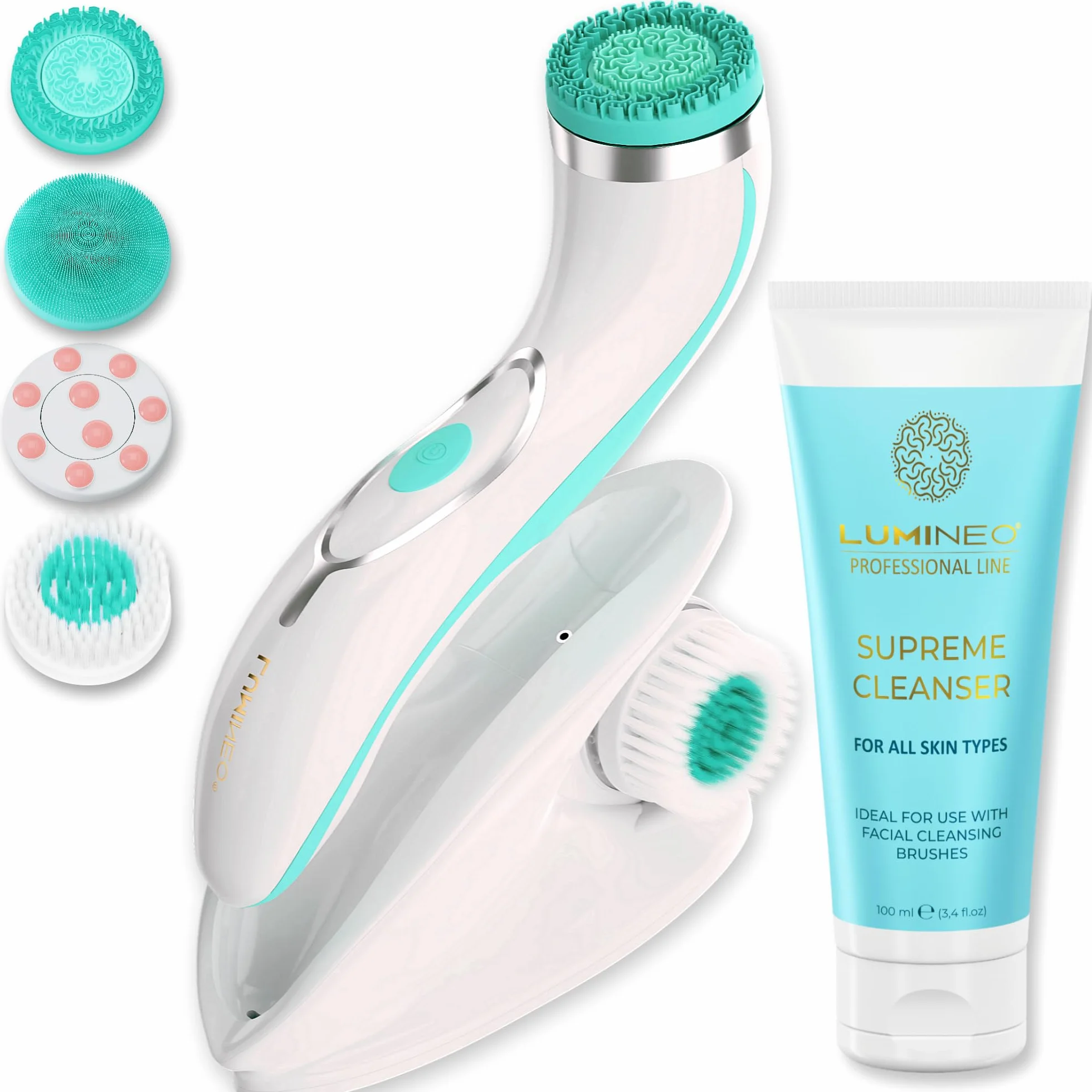 LUMINEO PRO Gesichtsreinigungsbürste & Gesichtsmassagegerät Set mit Gel – Elektrische Gesichtsbürste für Tiefenreinigung, Anti-Aging & Mitesser, USB (Türkis/Normale Haut)