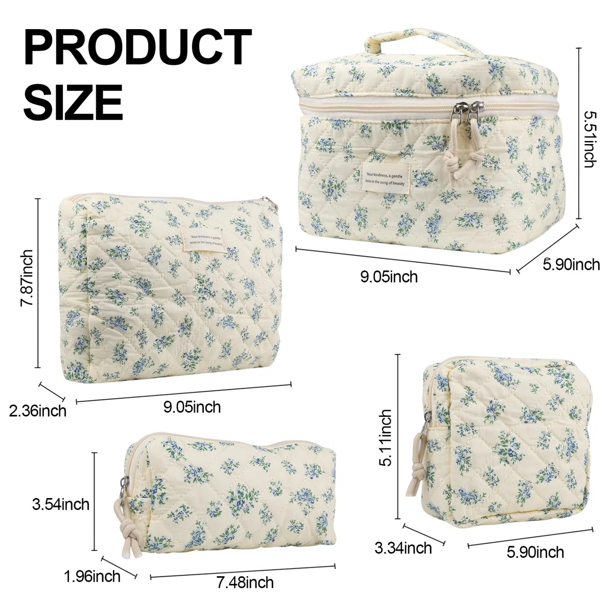 VIWIME Make-up-Kosmetiktasche, groß, Baumwolle, gesteppt, Reise-Kokette, ästhetisch, niedliches Blumenmuster, Make-up-Tasche für Damen, Kulturbeutel, 203 - Blaue Rose, 4 Stück, 10.1x5.8x5.4 inches