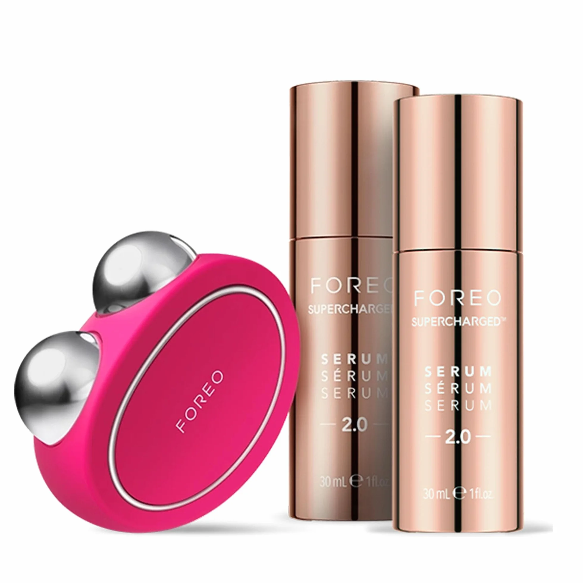FOREO BEAR Forever Firm im Set - BEAR Gesichtsmassagegerät mit Mikrostrom + 2 x Conductive Serum 30 ml - Anti Aging Gerät - Face Lifting - Fuchsia