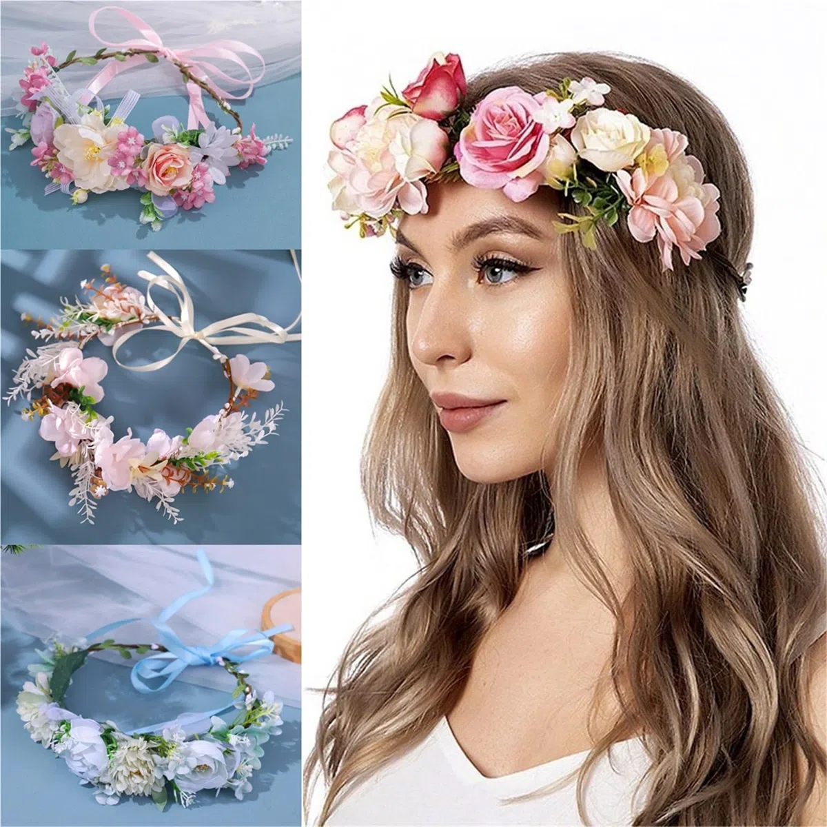Women's Headband Floral Flowers Wedding Garland Hairbands Handmade Ladies Hairband Bride Headdress(PURPLE)